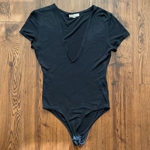 Black deep v neck body suit, size small